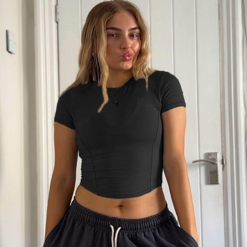 Irongirl Yoga Short Sleeve Women's Silm Slim Looking Short Sports Tops Sexy round Neck Workout Clothes T-shirt Blouse