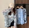 Summer Perspective Tie Dyed Mesh Sunscreen Top for Women's Thin Ice Silk Long Sleeved T Shirt Cover Up Women Beach T-shirts