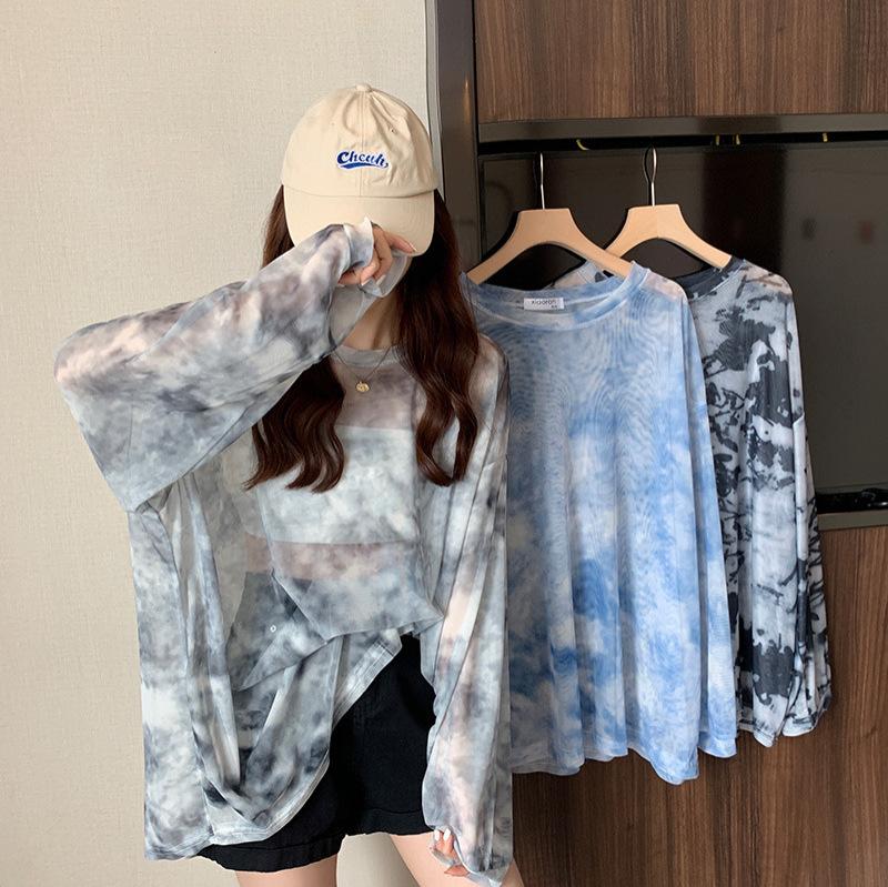Summer Perspective Tie Dyed Mesh Sunscreen Top for Women's Thin Ice Silk Long Sleeved T Shirt Cover Up Women Beach T-shirts