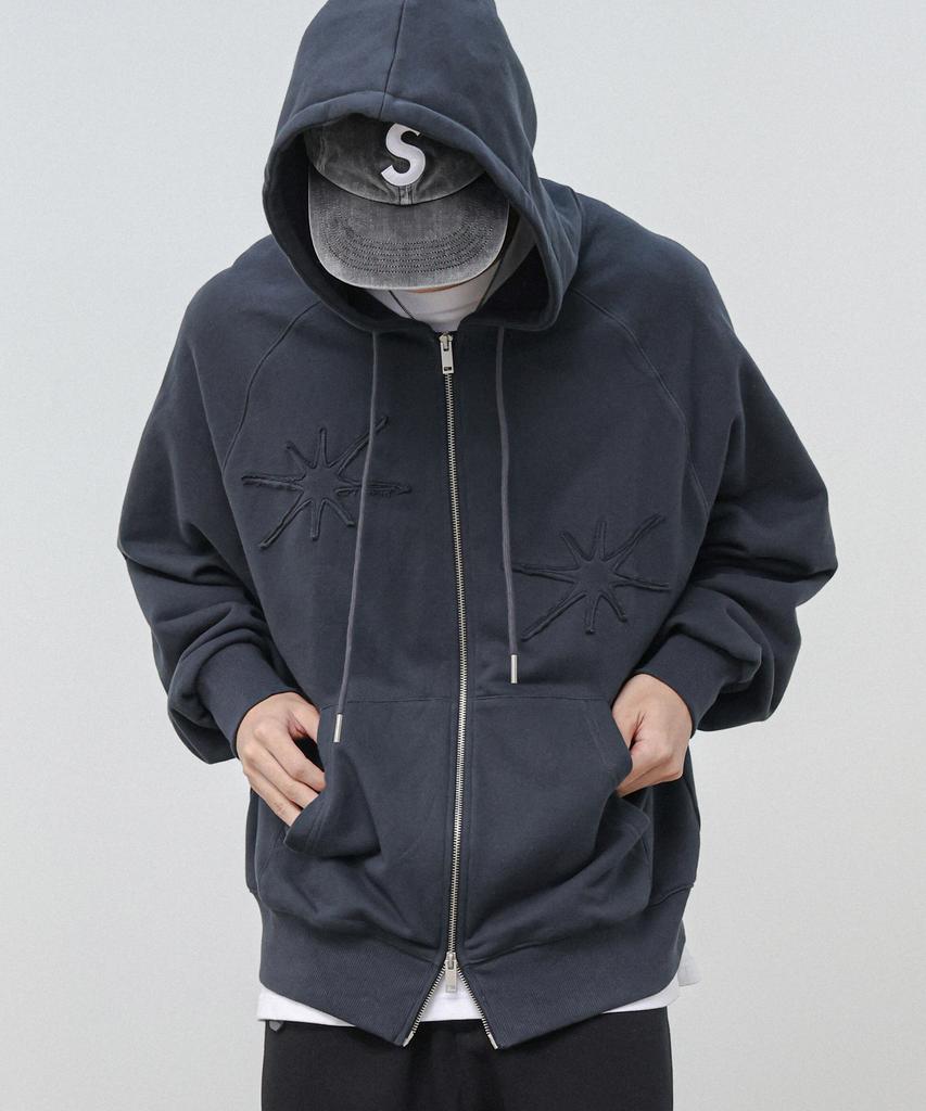 Moderment Applique Washed Oversized Zip-Up Hoodie [Charcoal]