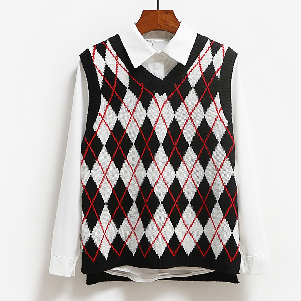 Women's Casual V-Neck Pullover Shirt Collision Color Sleeveless Sweater Vest