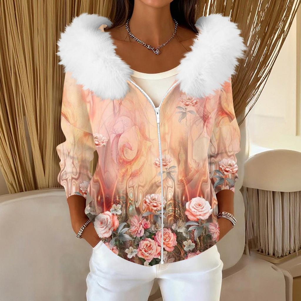 Pulover Casual de Damă la Modă cu Fermoar, Cardigan cu Imprimeu, Jachetă cu Glugă Plușată