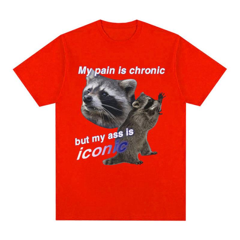 Funny My Pain Is Chronic But My Ass Is Iconic Raccon Meme T-shirt Men Cotton Short Sleeve T Shirts Fashion Casual Vintage Tees