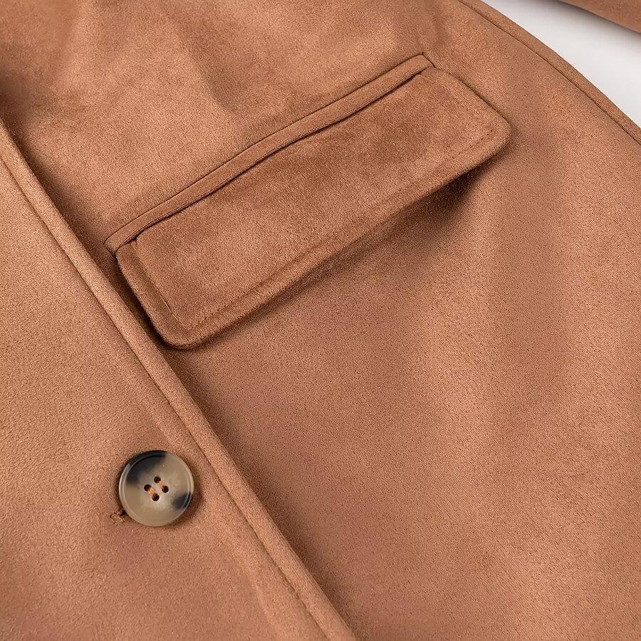 2024 Autumn Women's European-American Style Suede Double-Breasted Long-Sleeved Coat