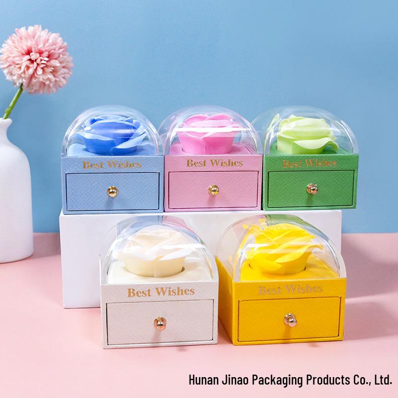 Macaron Color Jewelry Box with Soap Flower and Drawer - Holds Rings, Stud Earrings, and Necklace Pendants.