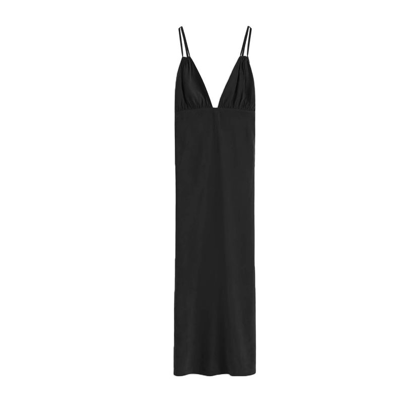 

Summer New Product Women s Clothes French Fiber Blended Standard Edition Pleated V-neck Long Dress 1283852 Washed Black M