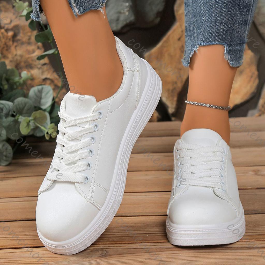 Fashion Comemore 2025 Women Spring Autumn Casual White Board Shoes Lace Up Flat Bottom Sneakers for Women Leather Platform Sneaker Shoes