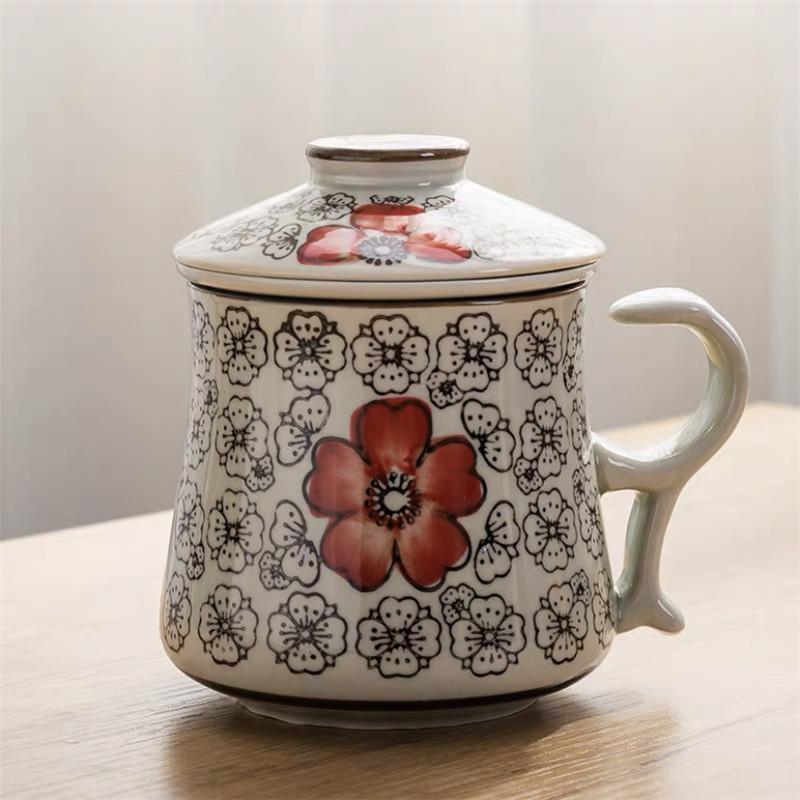 Modrobílý porcelánový šálek na čaj Keramický ručně malovaný Retro hrnek s oddělovačem na vodu a víčkem s filtrem Kancelářské šálky na čaj Nápojové nádobí