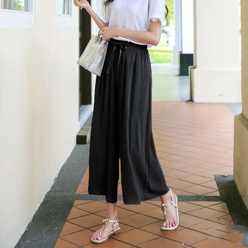 Women's Black Wide Leg Culottes Elastic Waist Flowy Casual Cropped Pants