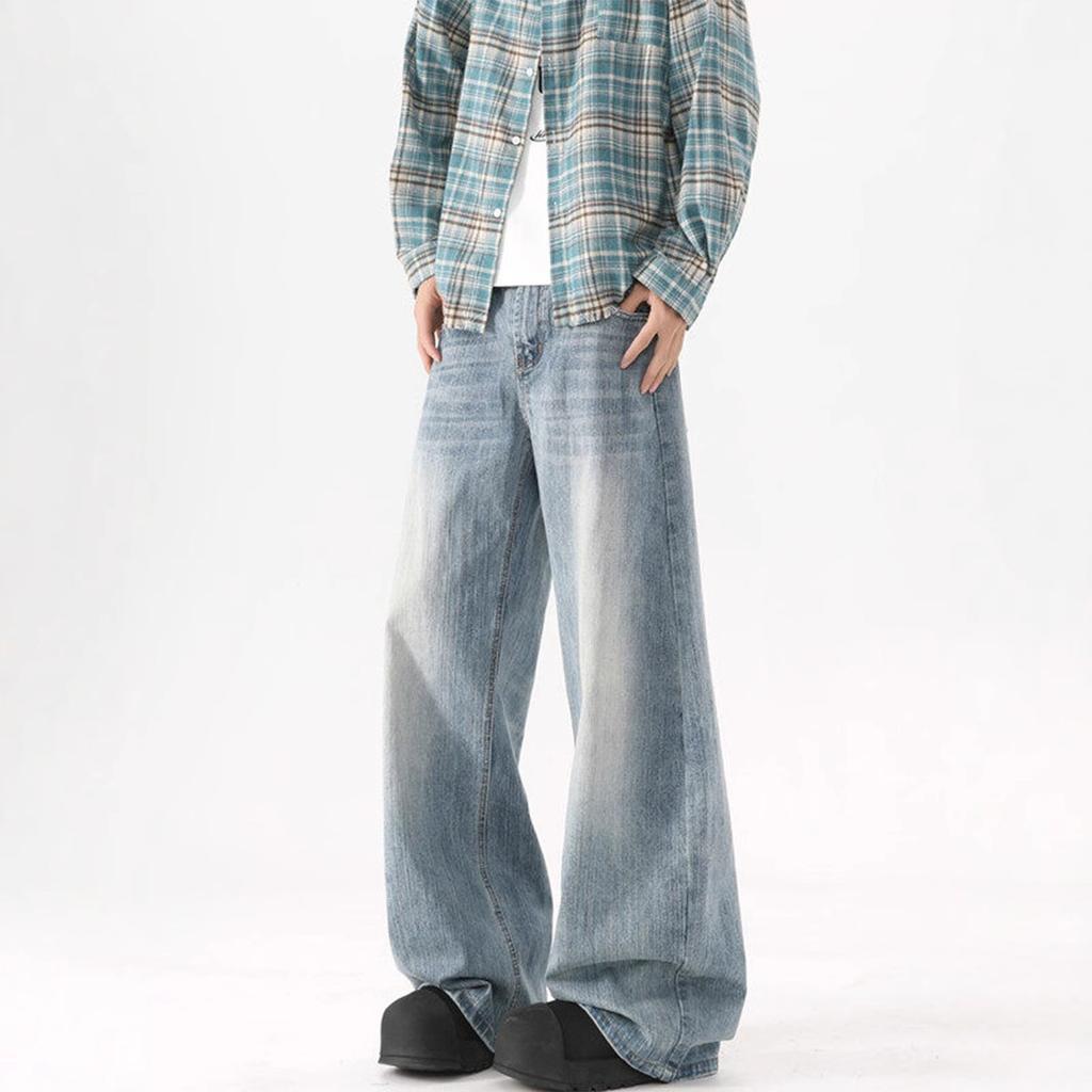 Trendy brand washed blue jeans men's summer vibe high street versatile casual wide-leg trousers American loose wide-leg trousers