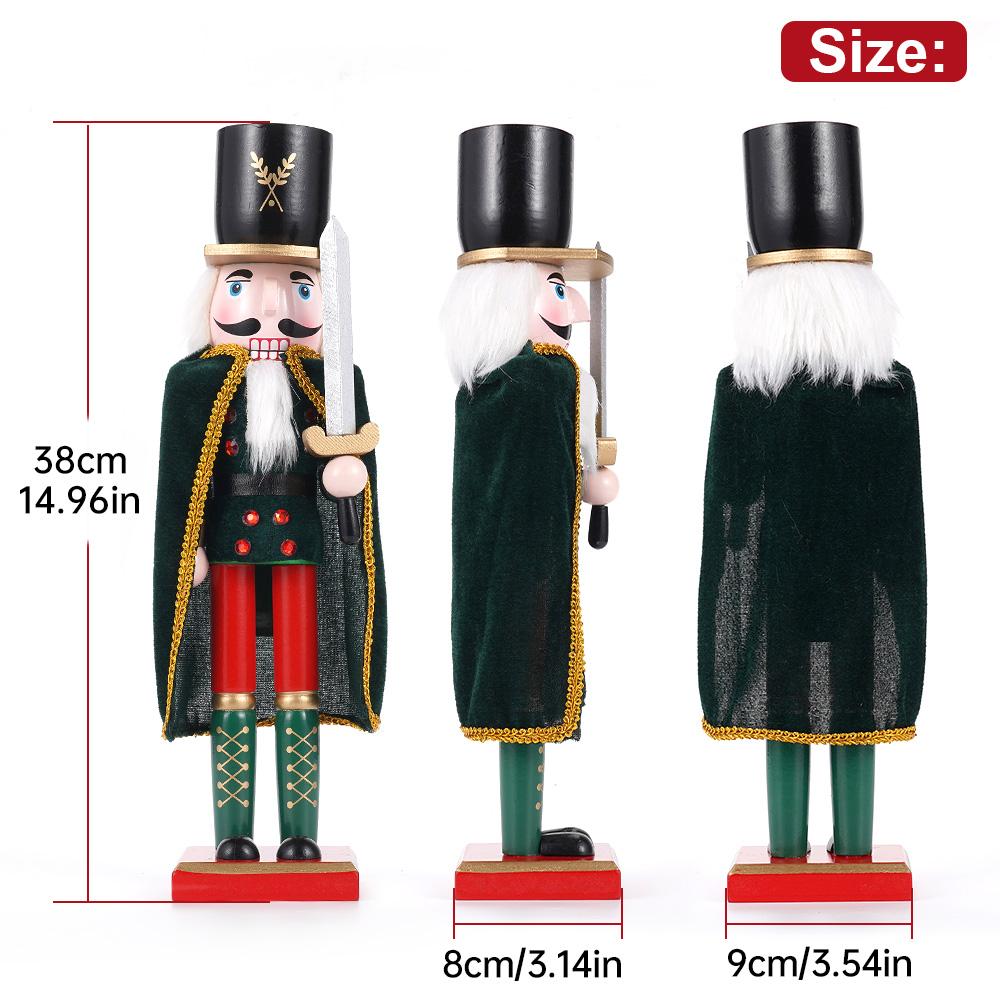 38CM Nutcracker Puppet Solider Merry Christmas Decoration Cloak King Wooden Doll Walnut Handcraft Figurine Home Office Decor