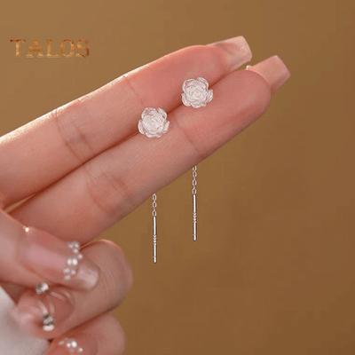 1 Pair Women Stud Earrings 3D Rose Shape Linear Tassel Long Dangle Earrings Prom Party Bride Wedding Ear Jewelry