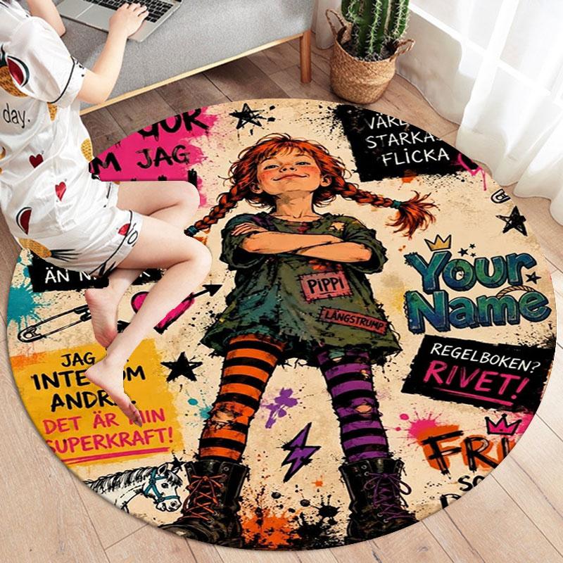 Pippi Langstrumpf Benutzerdefinierter Name Runder Teppich, Teppich für Wohnzimmer Schlafzimmer Sofa Spielzimmer Dekor, Rutschfeste Bodenmatte