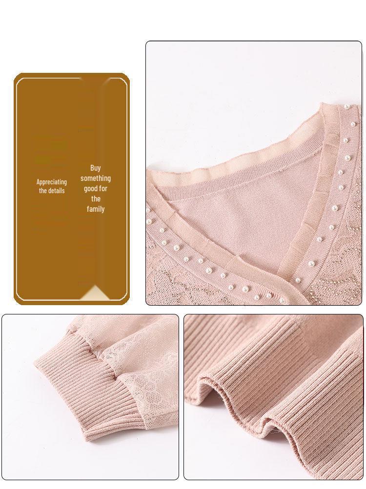 2026 Spring Collection: Stylish Ice Silk Blouse & Gauze Sleeve Knit Top for Moms, Perfect for Middle-Aged and Elderly Women In Spring and Autumn.