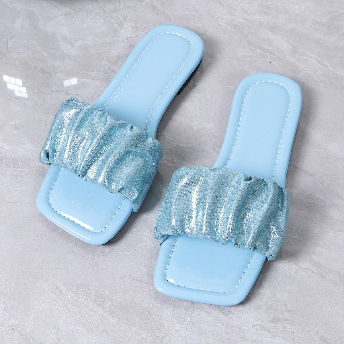 

2025 large size flat slippers new summer fashion pleated sandals square head slippers spot women s shoes 43 небесно-голубой