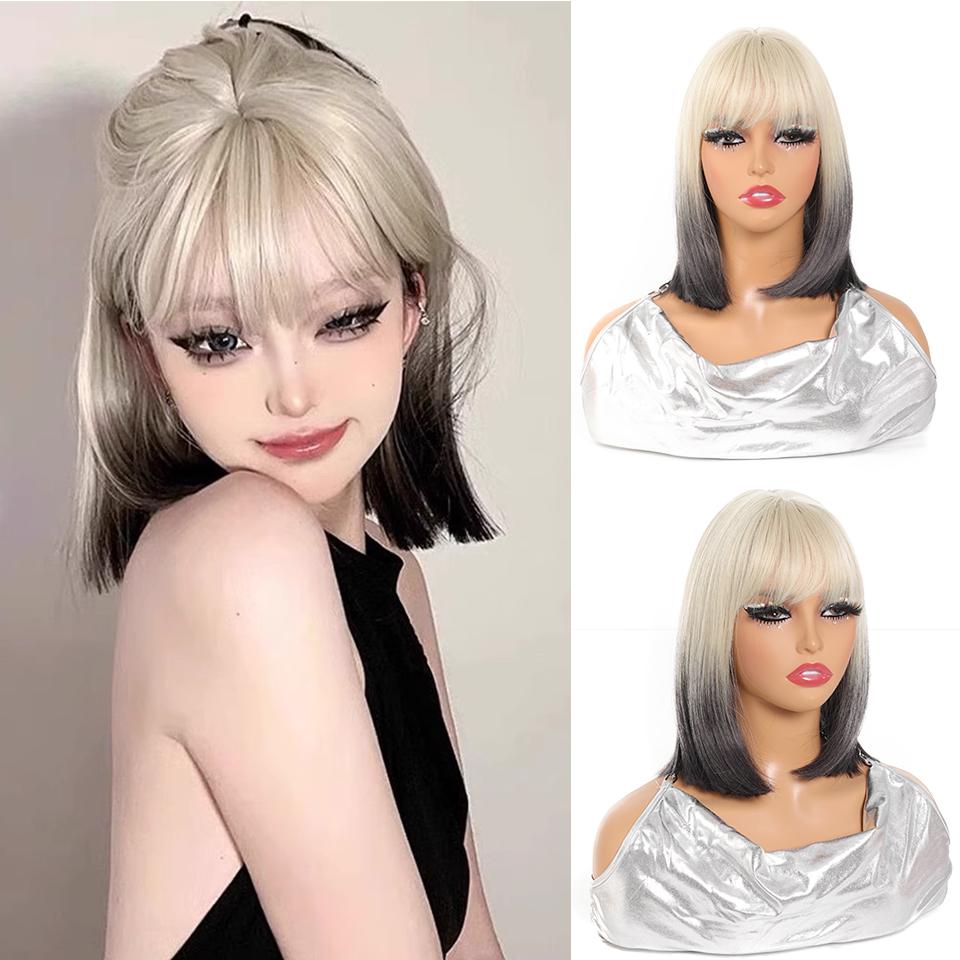 

WTB Постепенный Короткий Прямой Синтетический Парик Женский Молочно-Золотой Градиент Черный Прямые Челки Прямые Волосы Парик На Полную Голову 33cm