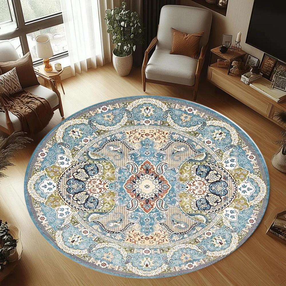 Runder Teppich mit Vintage-Muster als zentralem Dekor, eleganter Stil, rutschfeste Fußmatte für Wohnzimmer, Heimdekorationsbereiche Diameter 60cm gray
