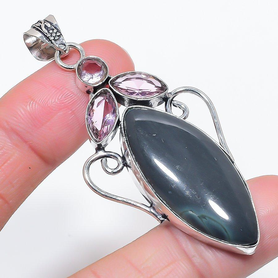 Natural Silver Sheen Obsidian, Kunzite 925 Sterling Silver Pendant 2.68" u1R48