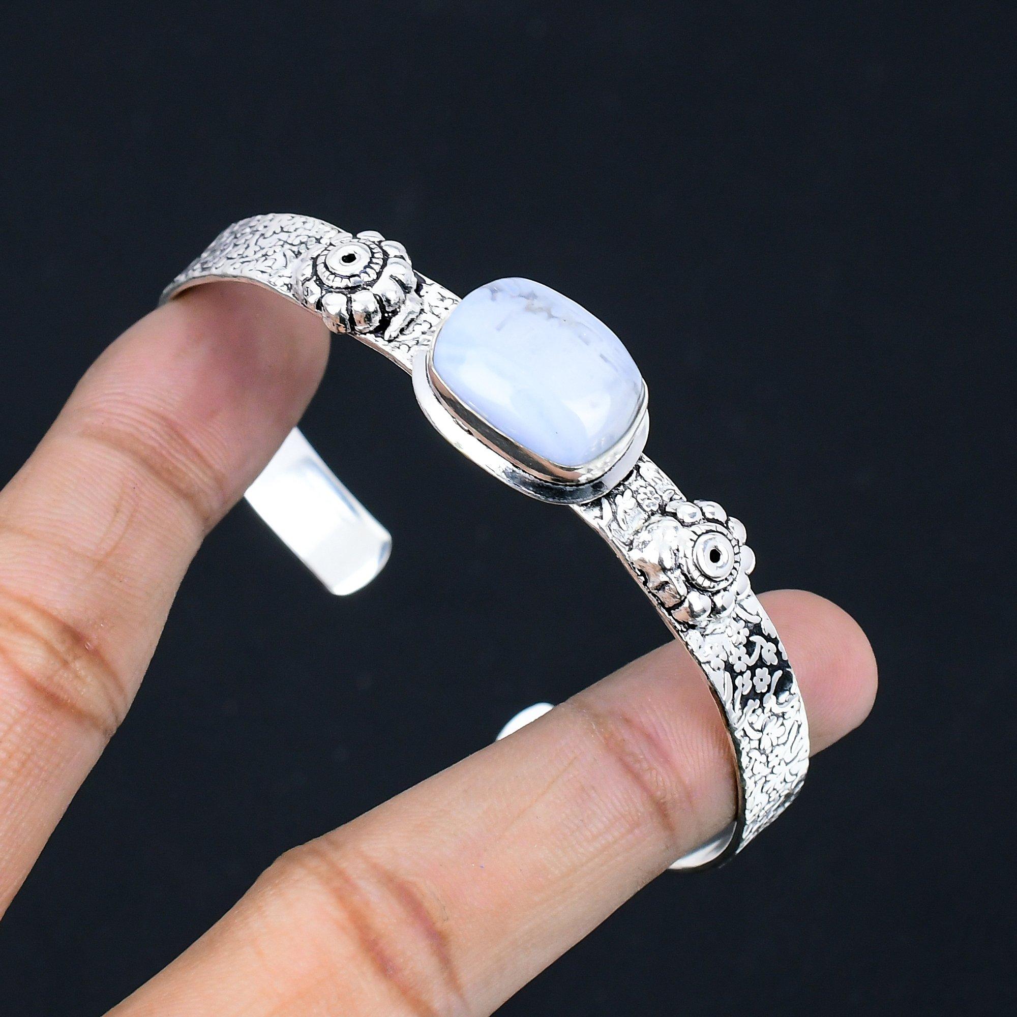 

Natural Blue Lace Agate Gemstone Bangle Adjustable 925 Sterling Silver For Women Adjustable