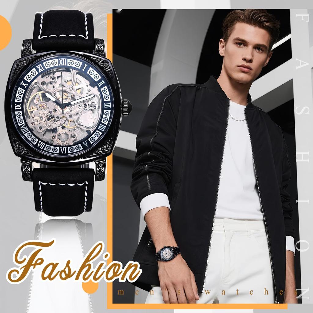 Automatic Skeleton Watch with Genuine Leather Roman Analog 3ATM Water Stylish Accessory for Leisure and Business Perfect Gift for and Day Men's Strap