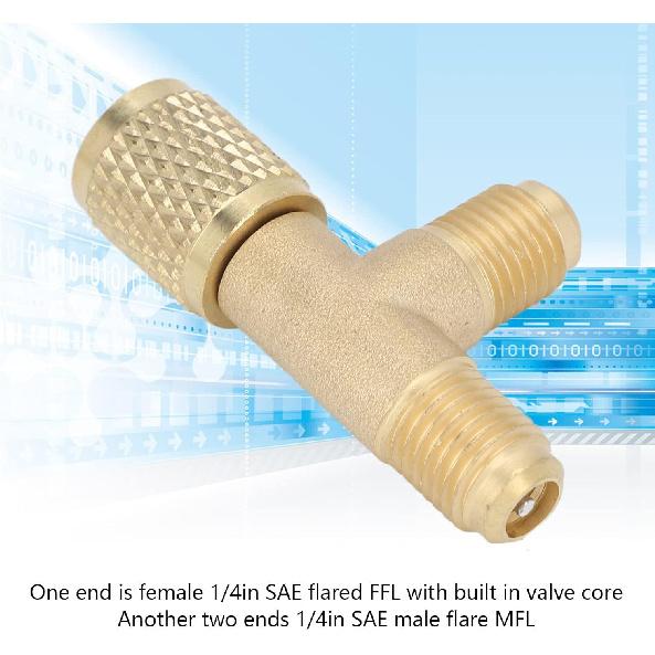 2-Piece Brass Quick Coupler Tee Adapter, 1/4 Inch SAE FFL with MFL, Refrigerant Adapter for R22 R12 R134, Vacuum Pump Manifold with Valve Core