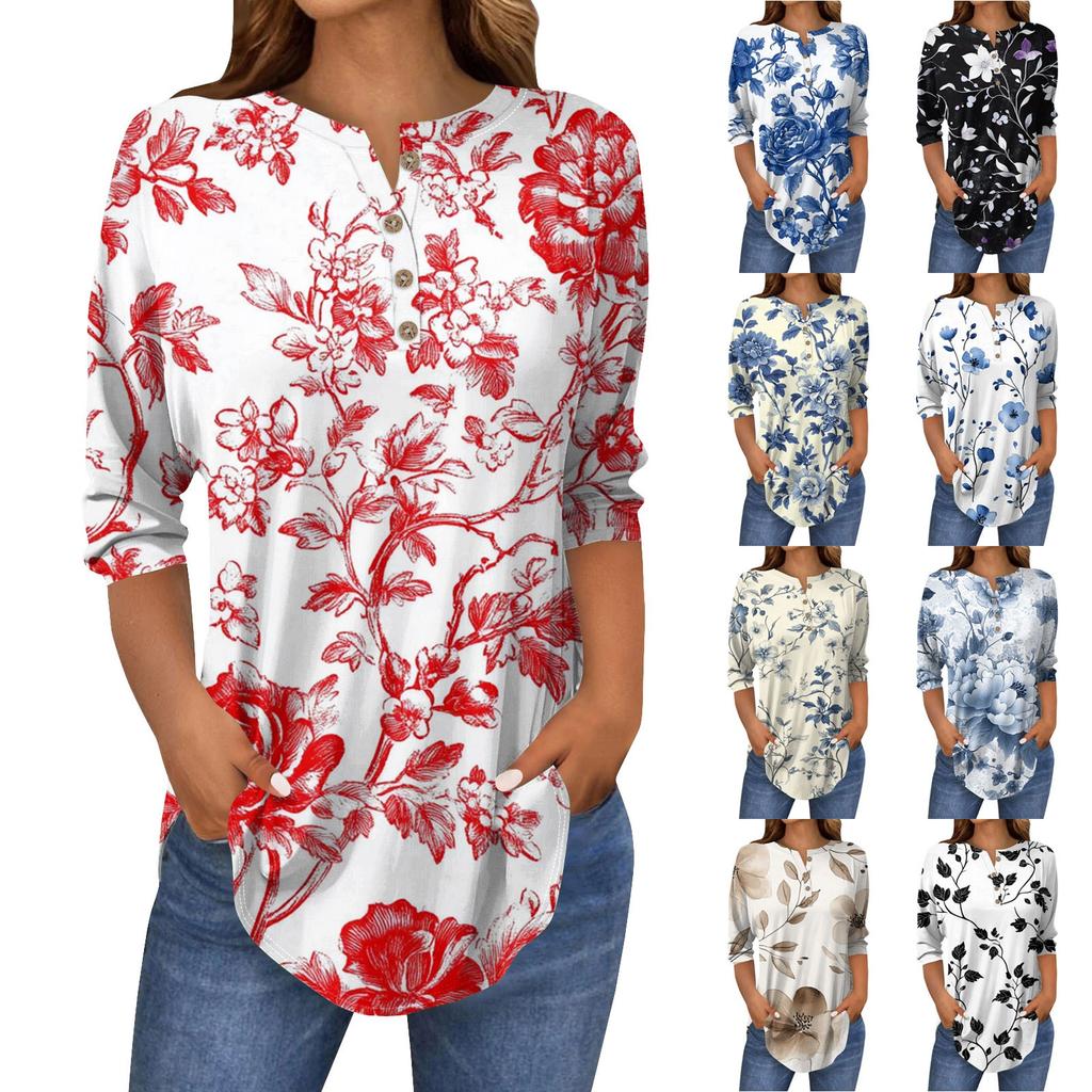 Damenmode Lässig Dreiviertelärmel Blumendruck Rundhals T-Shirt Top