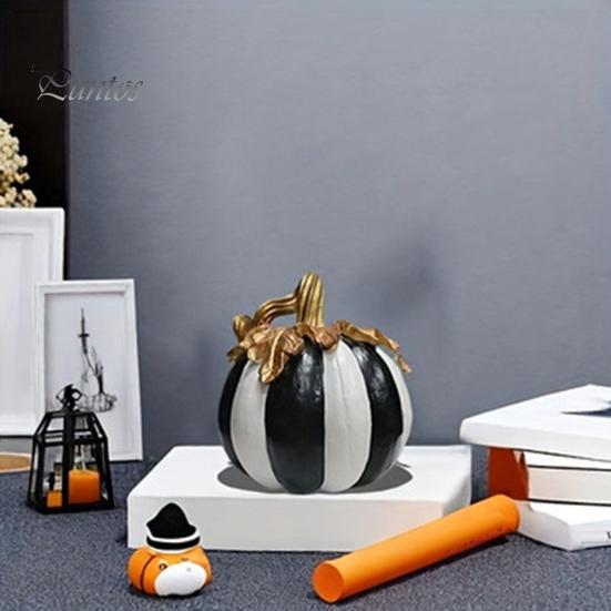 Halloween Pumpkin Decor Black And White Striped Ornament, Retro Style Resin Sturdy Indoor Desktop Decoration Tabletop Centerpiece, Ornament