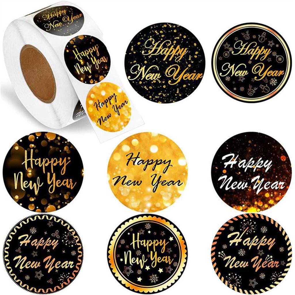 500 Pieces 1.5 inch Happy New Year Stickers Ornaments Envelope Seals Holiday Supplies Party Favors Colorful for Crafts Candy Box