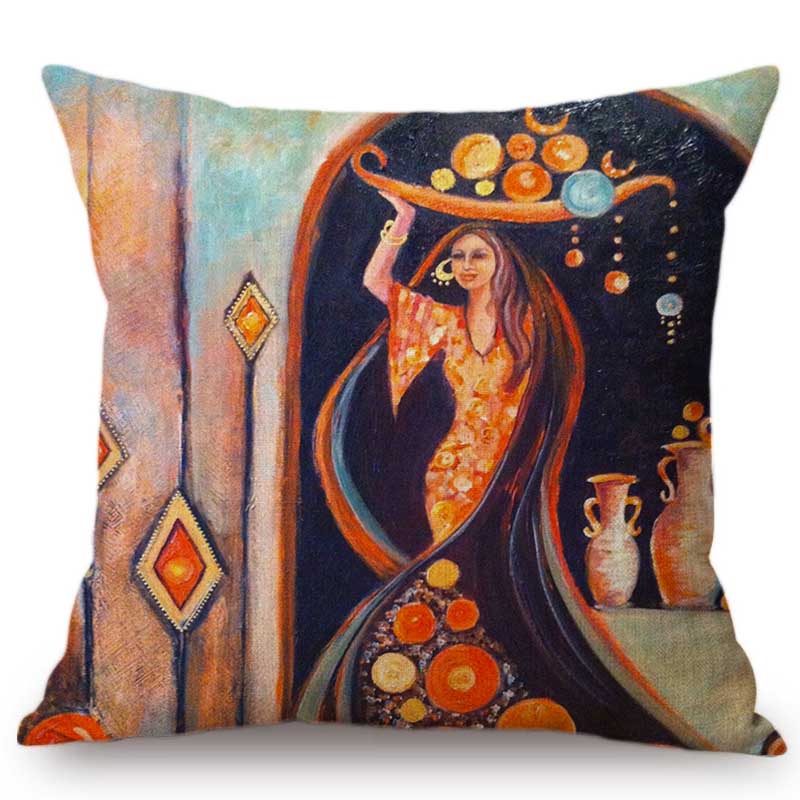 Islamic Painting Art Arab Woman Carrying Plate Muslim Home Decoration Sofa Throw Pillow Case Mediterranean Style Cushion Cover