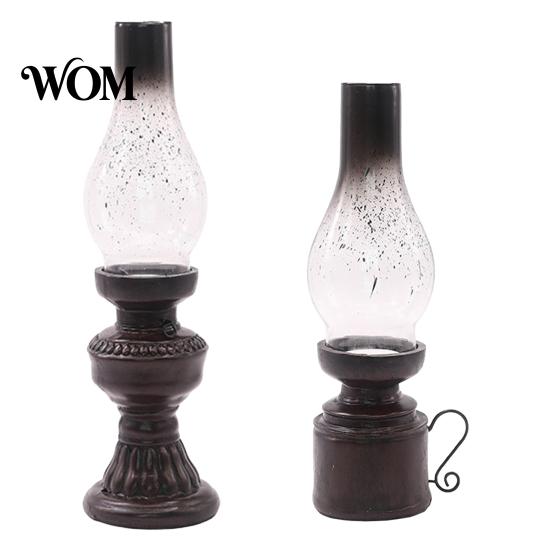 Old-fashioned Candle Lamp Miniature Kerosene Resin Holder, Retro Oil Figurine with Smoked Model Glass Shade & Carved Base, Tabletop Decor for