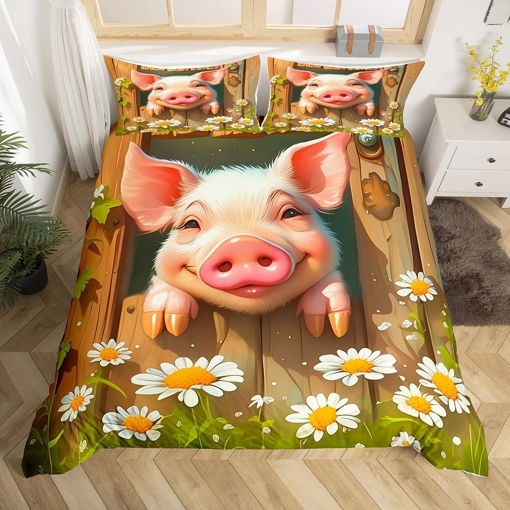 Adorable Lovely Couple Pig Soft Duvet Cover Twin King, Roses Daisy Floral Valentine's Romantic Beding Set,Carton Animal Rustic Warm Comforter Cover