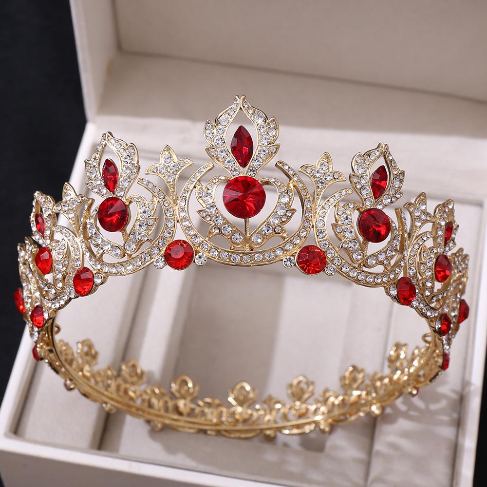 New Bridal Jewelry Retro Handmade Round Red Crown Alloy Rhinestone Tiara Wedding Jewelry Crown