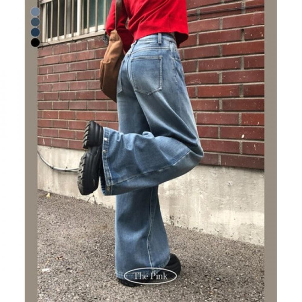 The Pink Catpo Bottom Snap Two Way Wide Washed Fleece Denim Pants