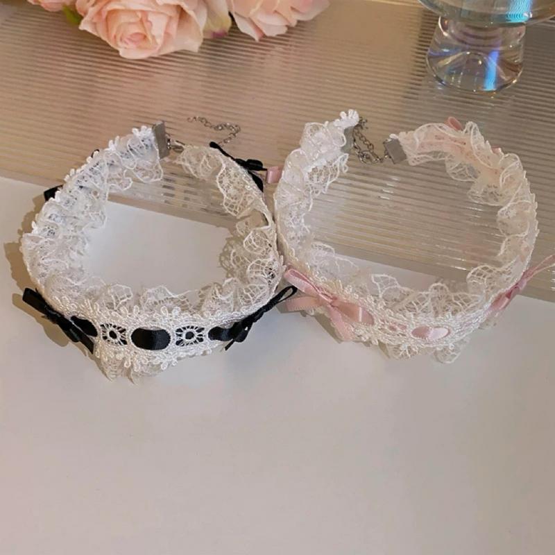 Cute Bowknot Lace Necklace Love Heart Pendant Cloth Lace Chain Choker Female Fashion Lolita Cosplay Jewelry Accessories