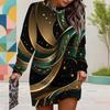 Women Plus Size Round Neck Long Sleeve Ribbed Cuffs Printed Black Green Gold Mini Sweatshirt Dress