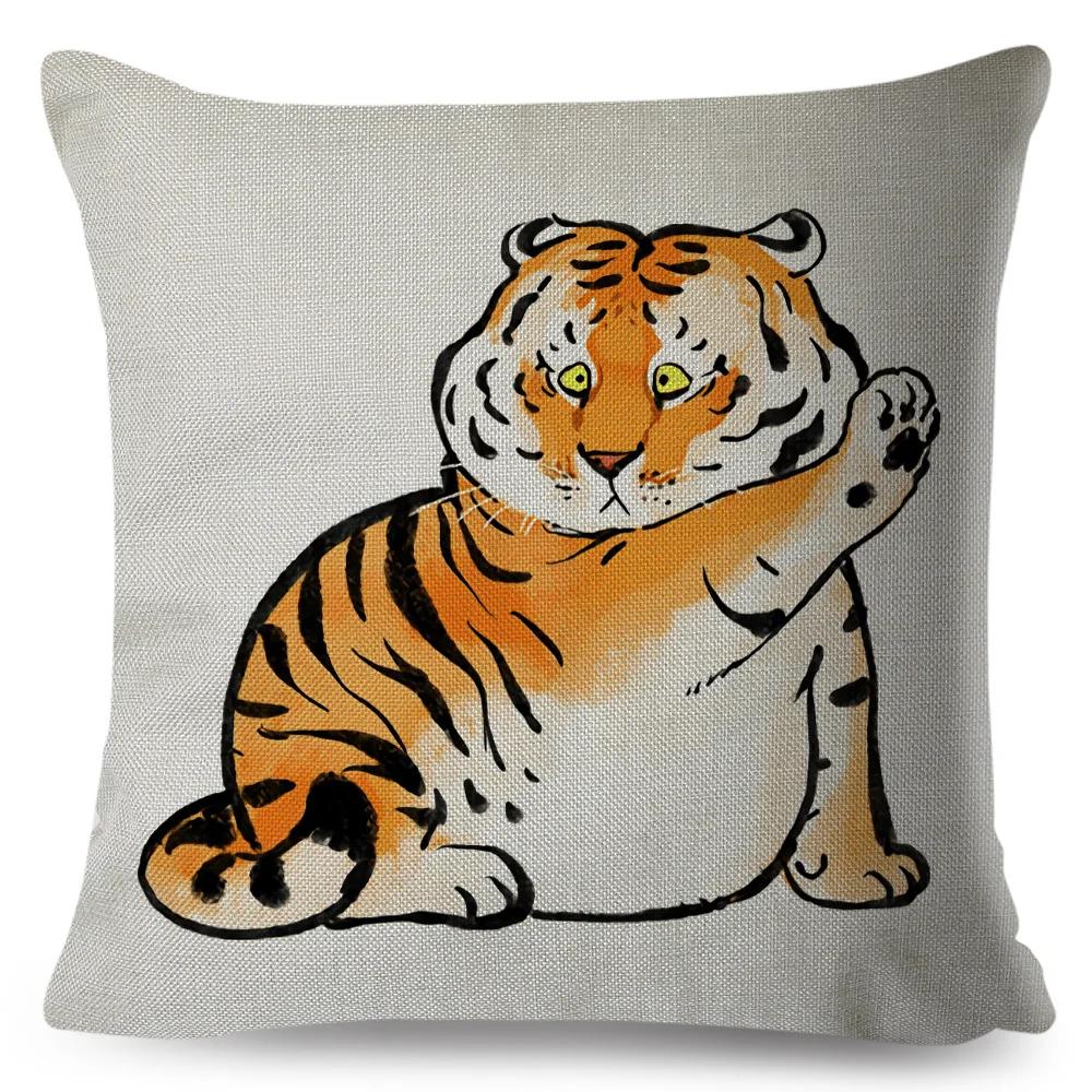 Funny Fat Tiger Cushion Cover Decor Cute Cartoon Animal Pillow Case for Sofa Home Car Linen Chinese Ink Throw Pillowcase