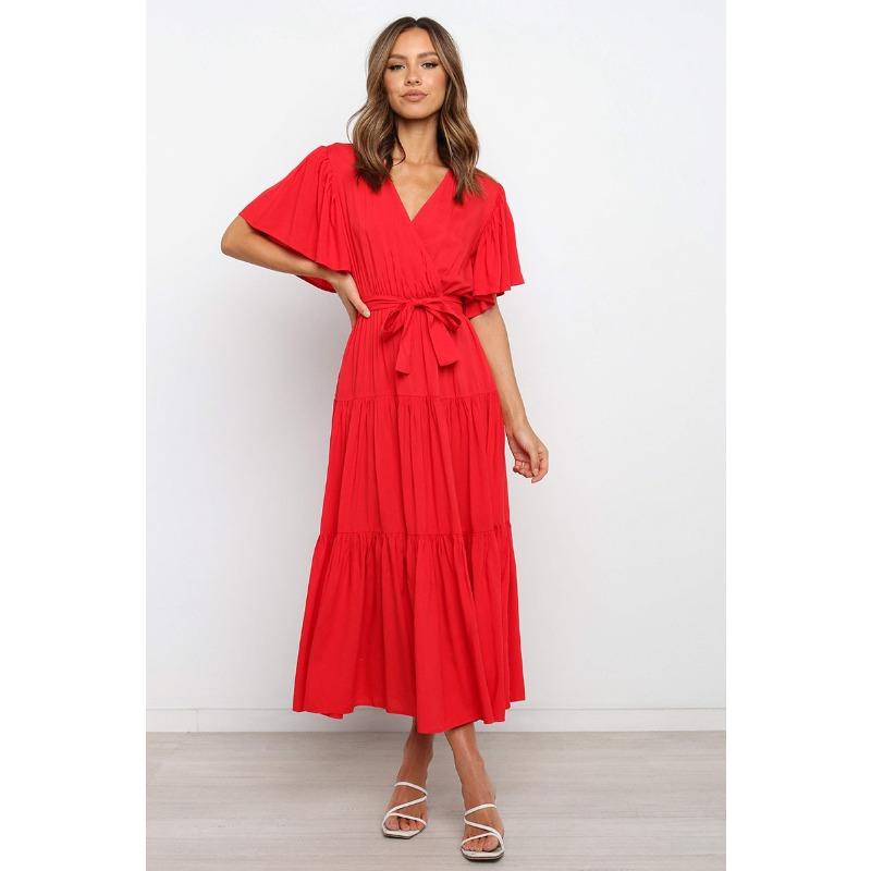 New v-neck commuter solid color short-sleeved waist dress, bohemian dress