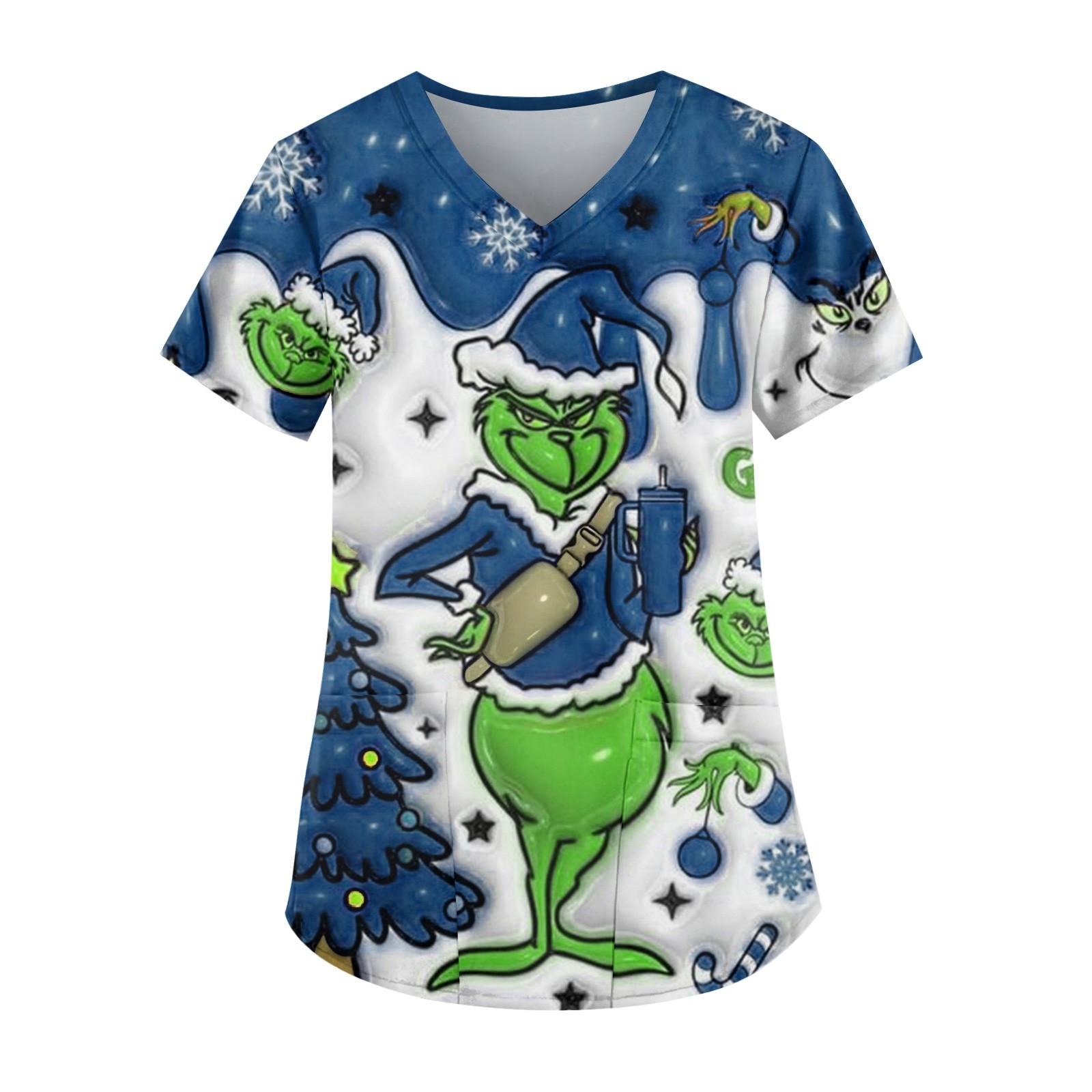 

Женские модные топы с короткими рукавами и V-образным вырезом с принтом, рабочие футболки с карманами L темно-синий