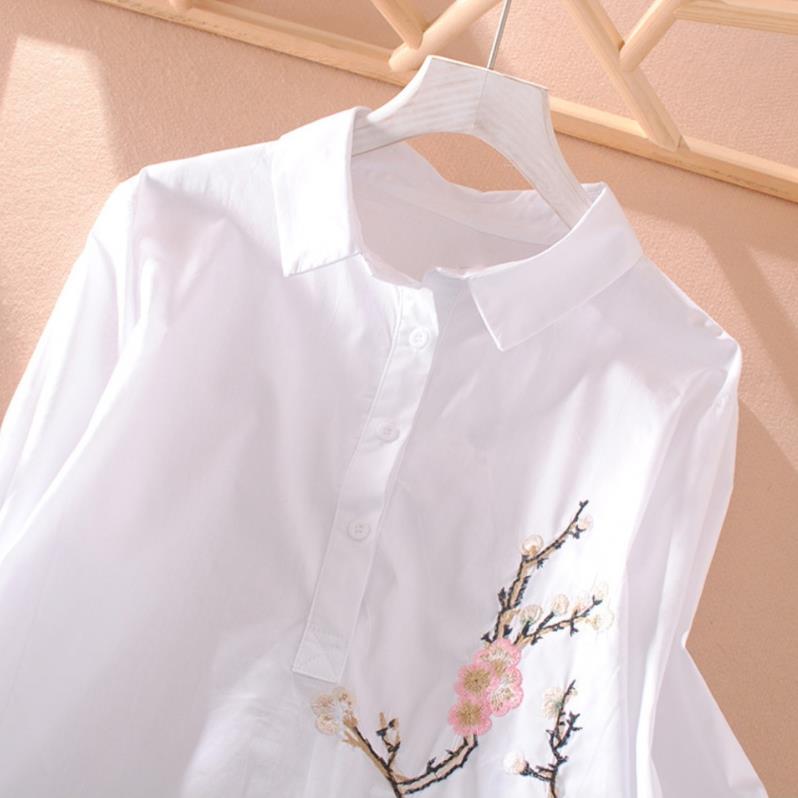 Embroidered Flower Ethnic Style Mid-length Pullover POLO Collar Shirt for Women Spring and Autumn Three-quarter Sleeve Shirt