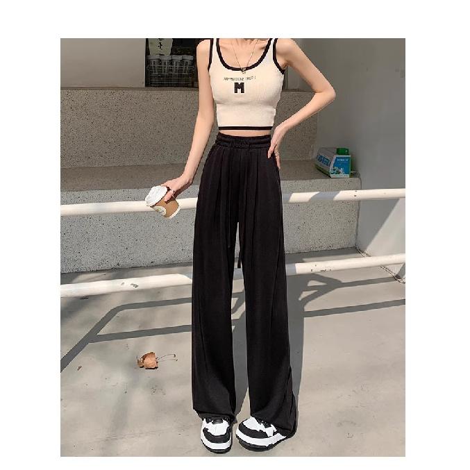 2026 Women s Summer Thin High-Waisted Straight-Leg Ice Silk Pants with Draped Effect in Solid Color S чёрный