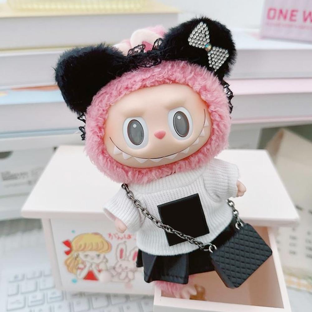Suitable for 17cm Labubu Doll Clothes Fashion Clothing Black Cat Hair Clip with Pearl Choker Necklace Mini Cute Doll Fashion Accessories