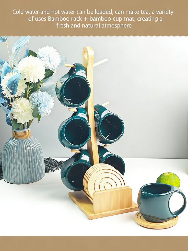 Nordic Style Ceramic Coffee Mug Set with Natural Bamboo Tree Cup Holder and Non-slip Coasters Stylish Kitchen Organizer for Tea and Coffee Home Decor