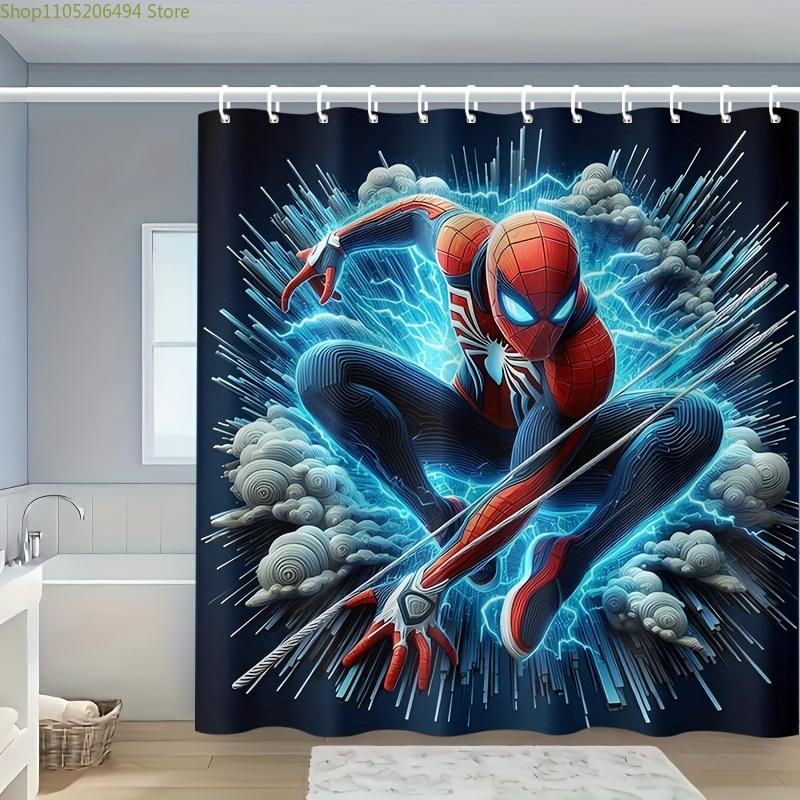 

1pc Spider-Man Shower Curtain with 12 Hooks - Vibrant Blue & Red Comic Design, Polyester, Perfect for Home, Hotel, or Bathroom 90x180cm
