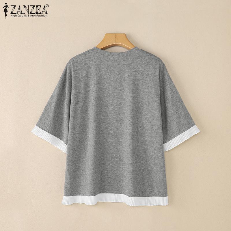 ZANZEA Women Round Neck Short Sleeve Ruffled Patchwork Solid Color Casual Blouse