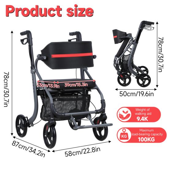 Walkers for Seniors, 8" Big Rubber Wheels All Road Rollator Walker with Seat, Foldable Height Adjustable Rolling Walker, Lightweight Aluminum Alloy