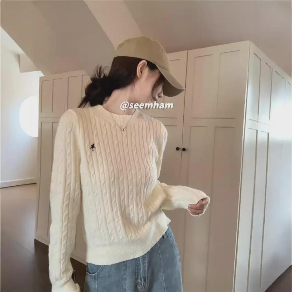 Women's Off-White College-Style Thick Embroidered Knit Sweater, Autumn/Winter Design