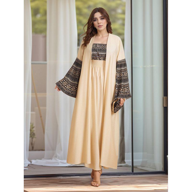 

Middle East Indonesia Bell Sleeve Cardigan Robe + Print Sling Vest Dress Two-piece Set Dubai Dress Dresses Light yellow XL