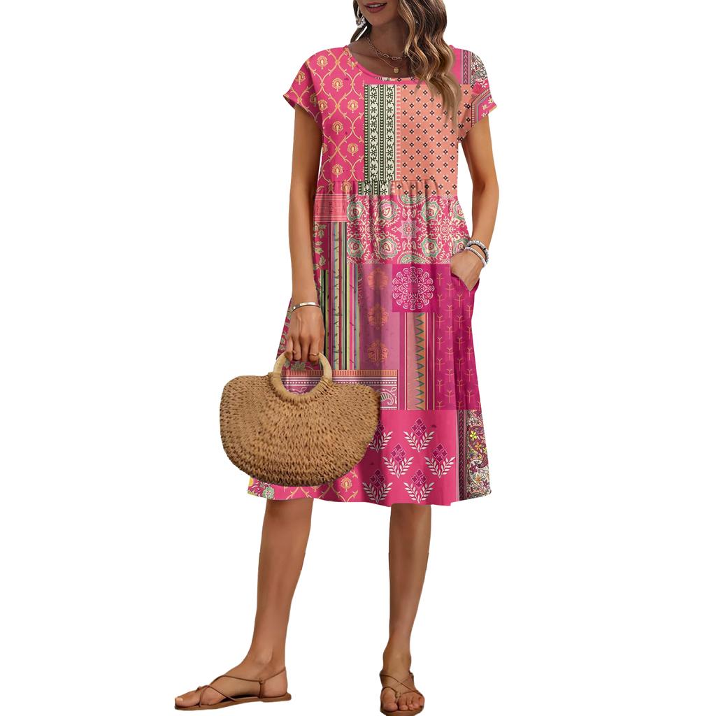 Women's Summer Fashion Casual Round Neck Short Sleeve Vintage Print Dress