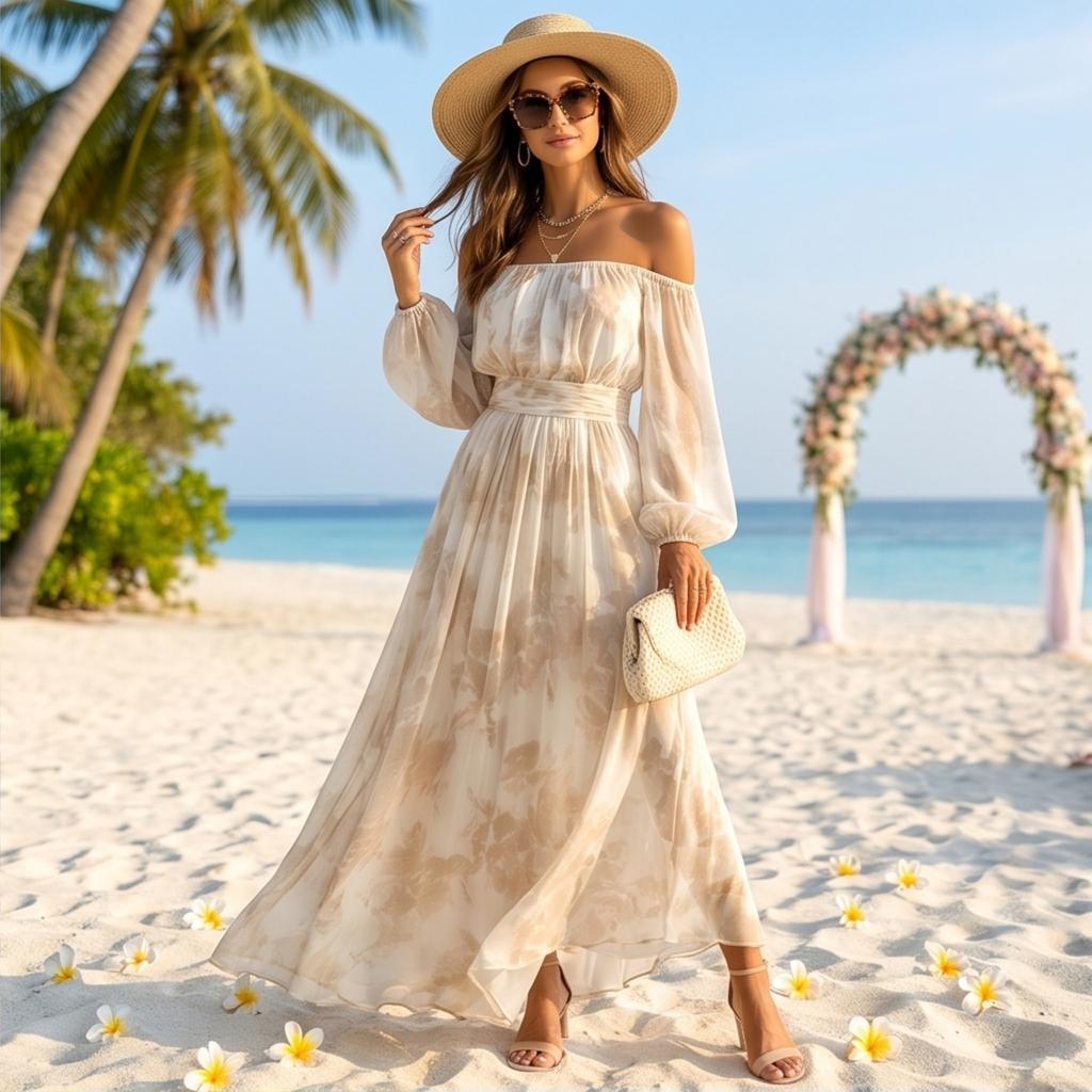 Women's Off Shoulder Tie Print Long Sleeve Fitted Casual Midi Dress