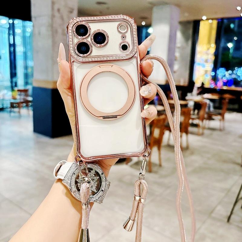 

Magnetic Diamond Case For iPhone 17 Pro Max 16 14 13 15 Plus Magsafe Crossbody Lanyard Strap 360 Ring Holder Acrylic Clear Cover for iPhone 17&Case & Strap